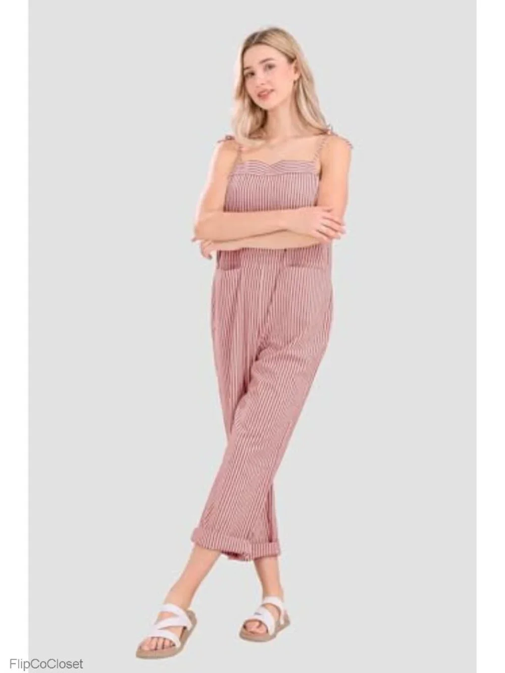 Women's Striped Overalls Loose Fit Cotton Linen Bib Pants